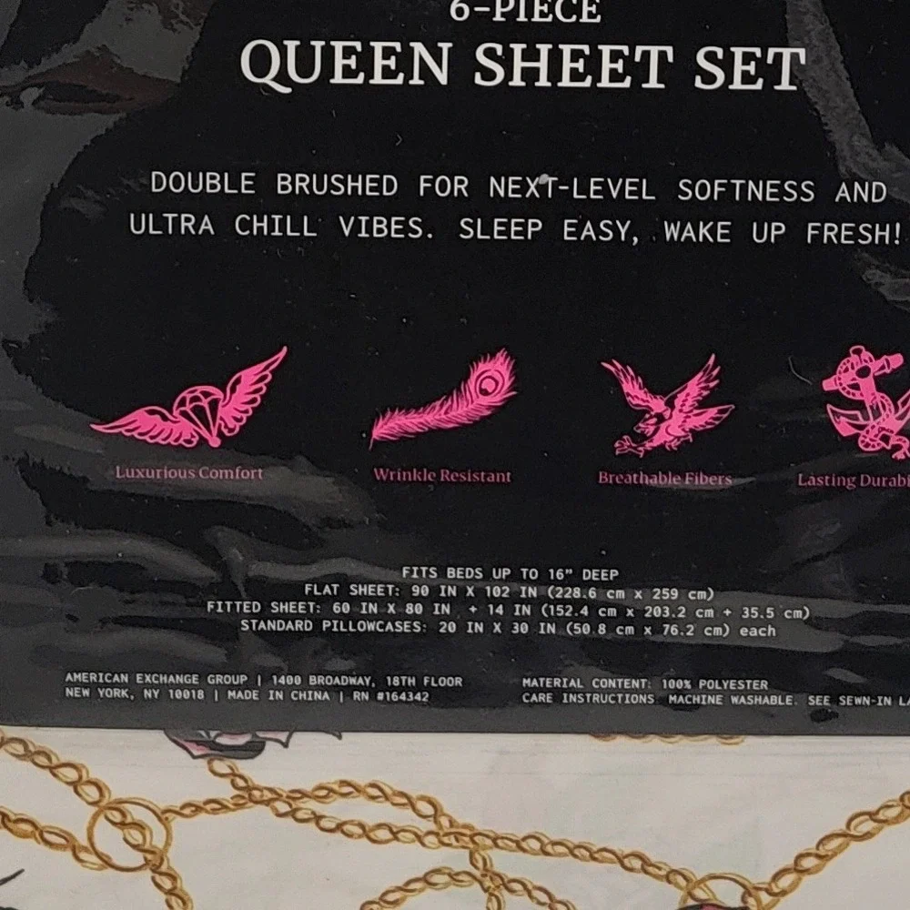 NEW Ed Hardy Queen Sheet Bed Set 6-Piece Tiger Skull Rose Tattoo‎ Heart Print